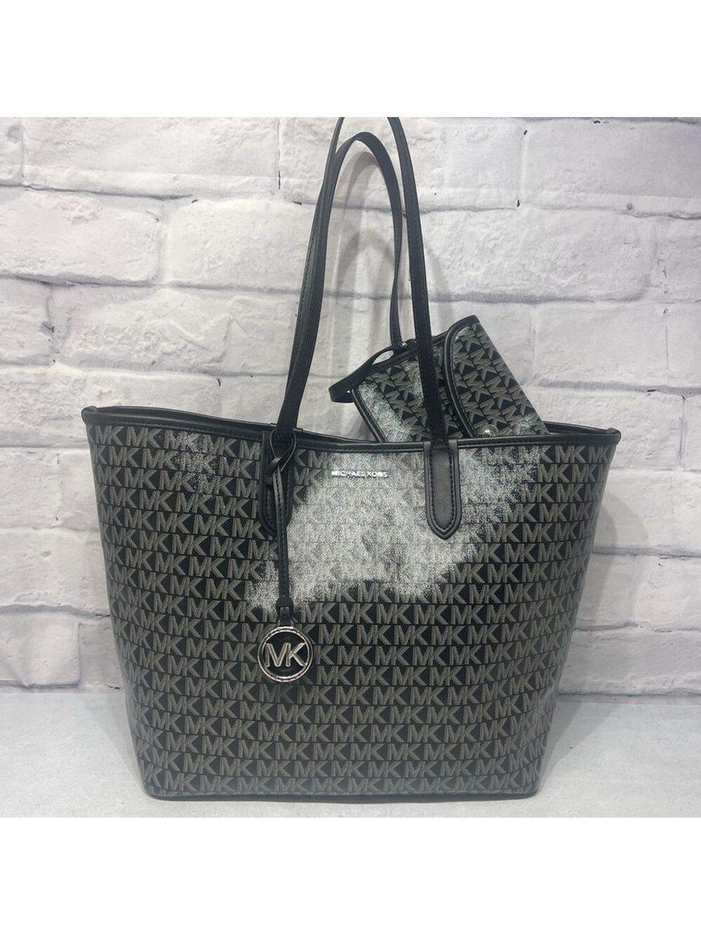 Michael Kors Eliza XL Tote + Pouch & Wallet Set MK Signature Logo Black - Picture 2 of 10